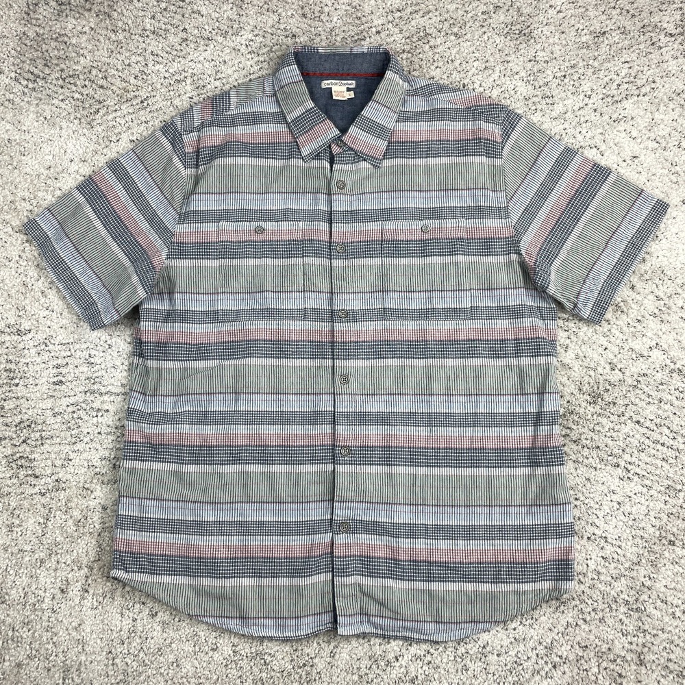 Carbon2Cobalt Shirt Men Large Button Short Sleeve Plaid Chambray Carbon 2 Cobalt